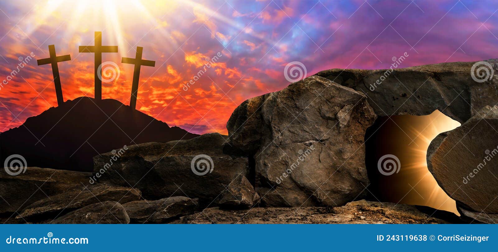 ostern religiÃÂ¶ser hintergrund gruÃÅ¸karte - kreuzigung und auferstehung jesus christus in golgatha golgota, mit hell